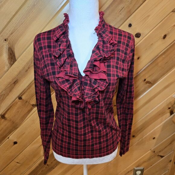 LRL Lauren Jeans Ruffled Mock Neck Top Size S Red‎ & Black Classic Plaid Cotton - Picture 5 of 8